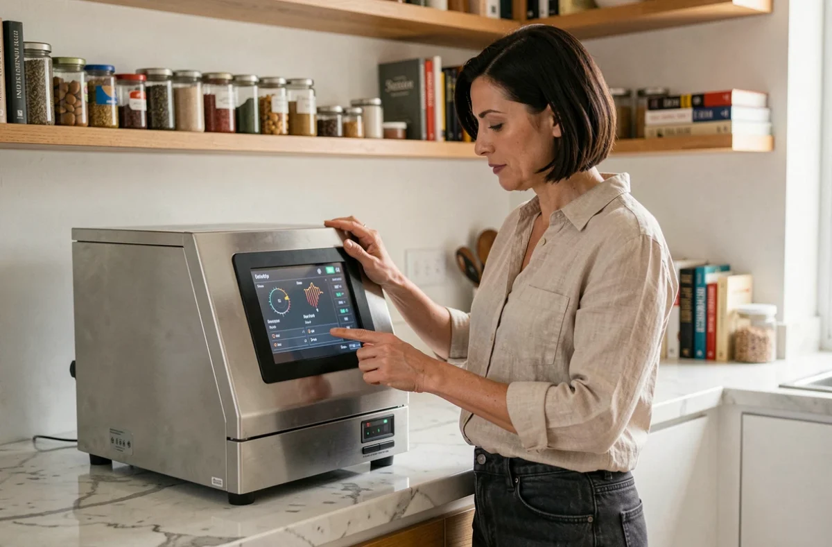Femme consultant le panneau de contrôle d'une cave de maturation compacte posée sur un îlot de cuisine moderne avec réglage température et humidité