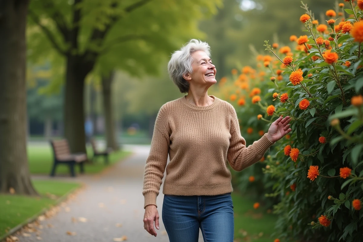 Femme dans un parc avec fleurs et arbres verts