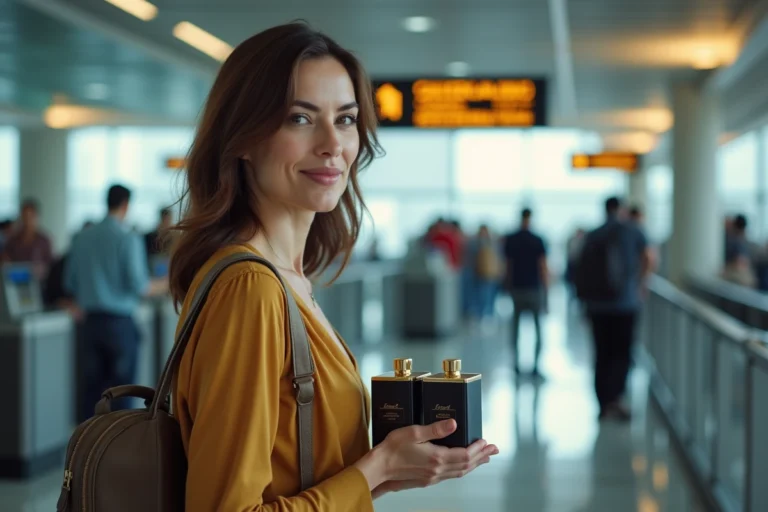 Femme d'âge moyen avec parfums à l'aéroport