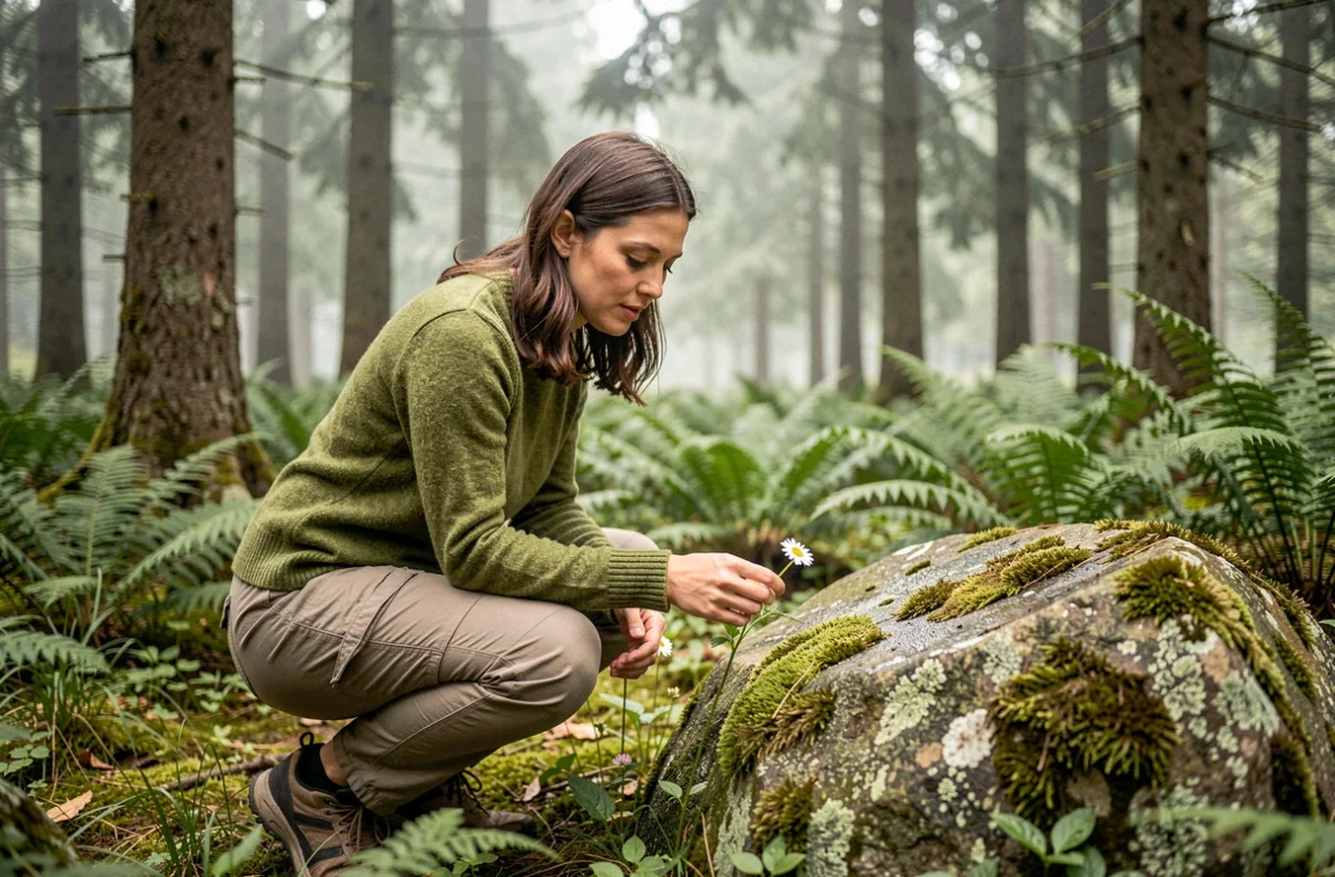 Femme en randonnée dans une forêt de sapins, accroupie près d'un rocher moussu pour observer une fleur sauvage, activité de plein air en nature