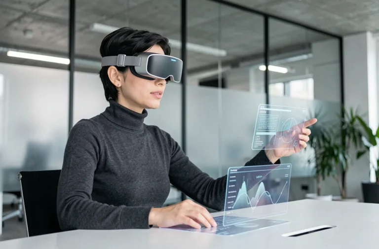 Femme utilisant un casque de réalité augmentée dans un espace de travail technologique moderne, illustrant les tendances numériques