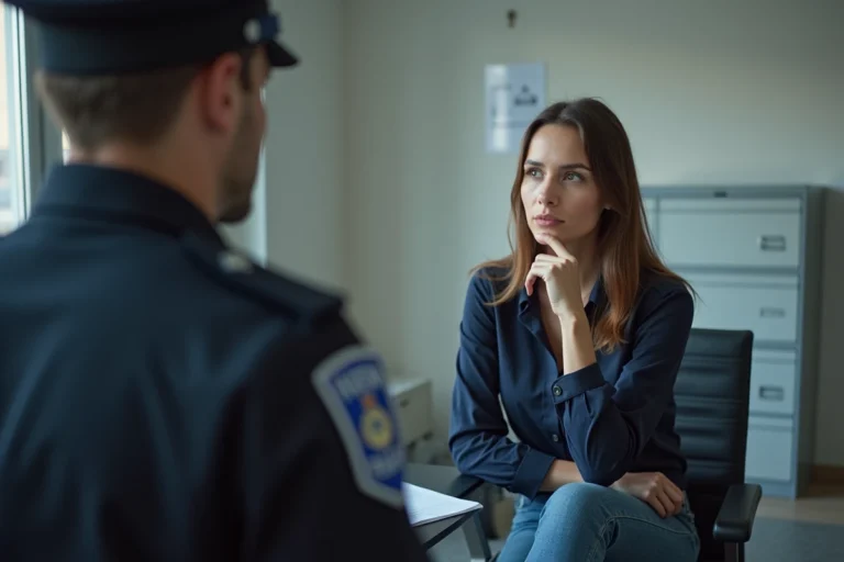 Femme réfléchie en bureau face à un officier de gendarmerie