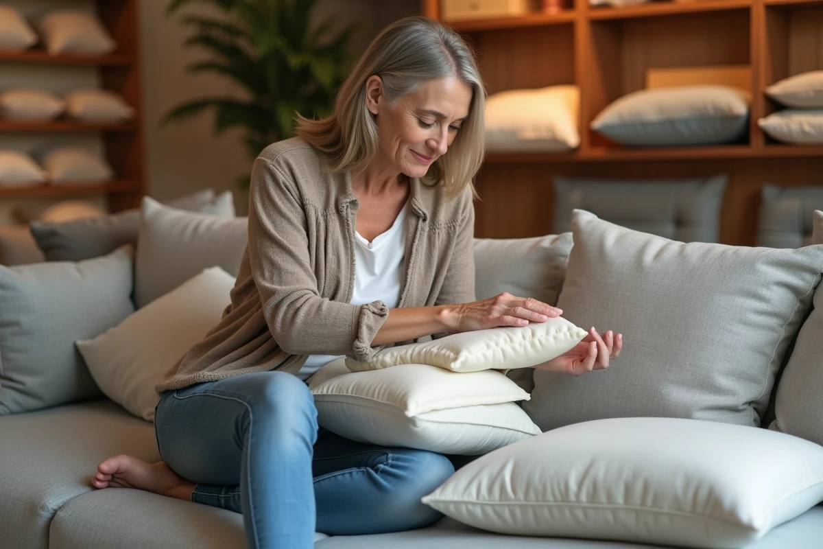 Femme analysant des coussins de salon confortables