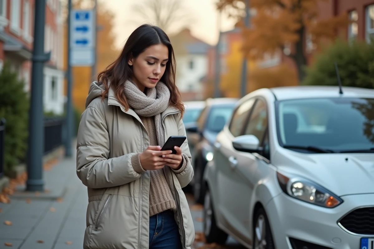Jeune femme avec smartphone devant une voiture en ville