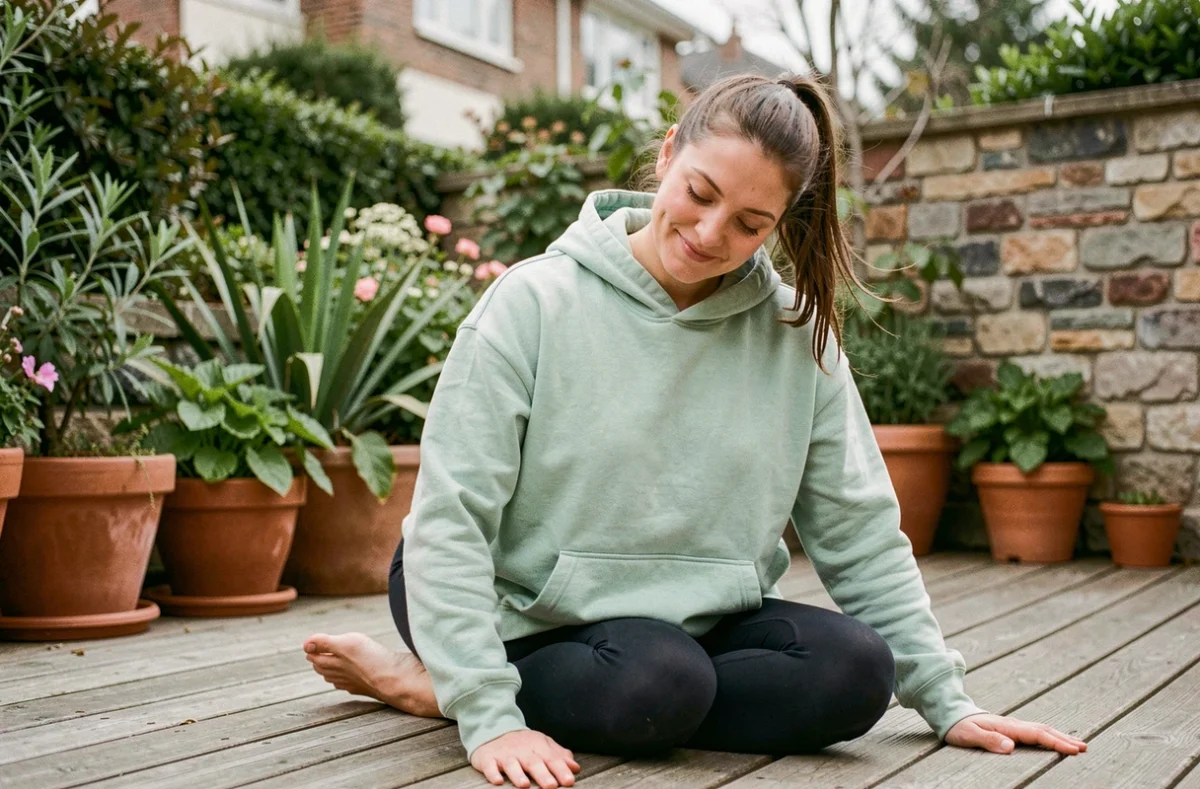 Femme pratiquant le yoga en plein air sur une terrasse végétalisée dans le cadre d'un mode de vie minceur naturel