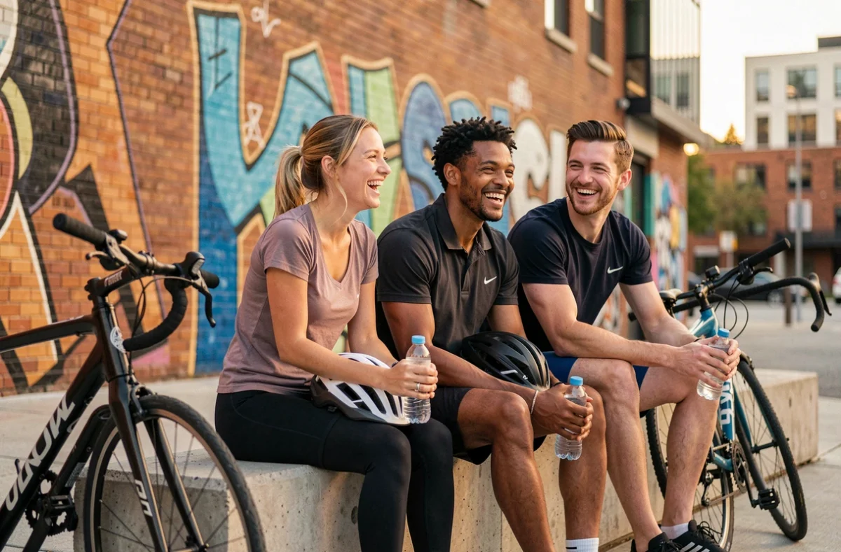 Groupe d'amis au repos après une session de vélo en ville, illustrant les bienfaits de l'activité physique collective