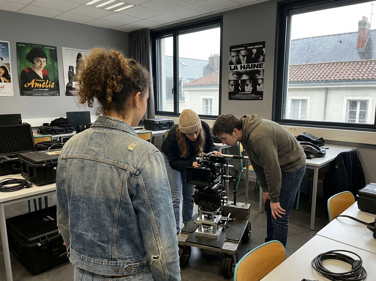 Étudiants en film dans une salle de classe moderne