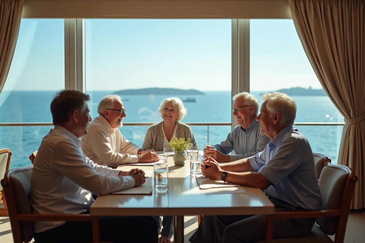 Groupe de seniors discutant dans un salon de croisière