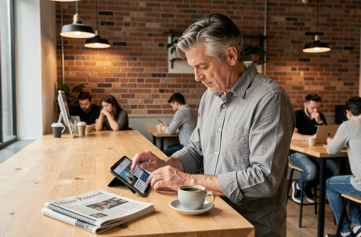 Homme consultant des actualités sur tablette et journal papier dans un café co-working pour une revue de presse quotidienne