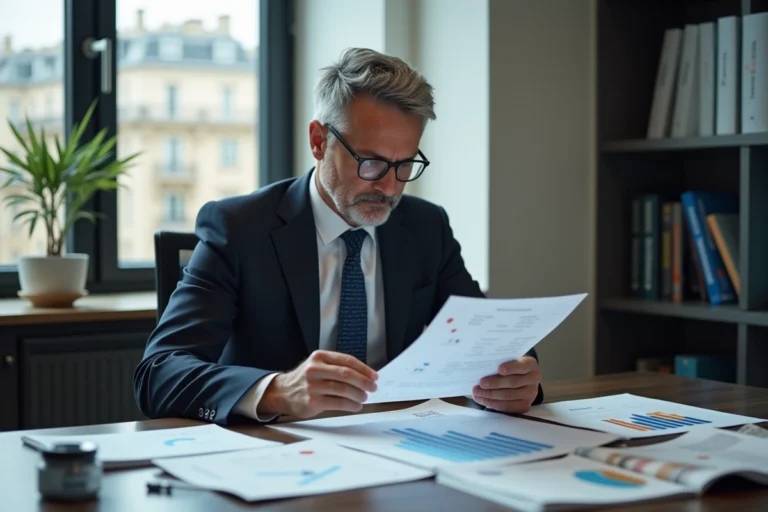 Homme d'affaires français étudiant un graphique d'inflation à son bureau