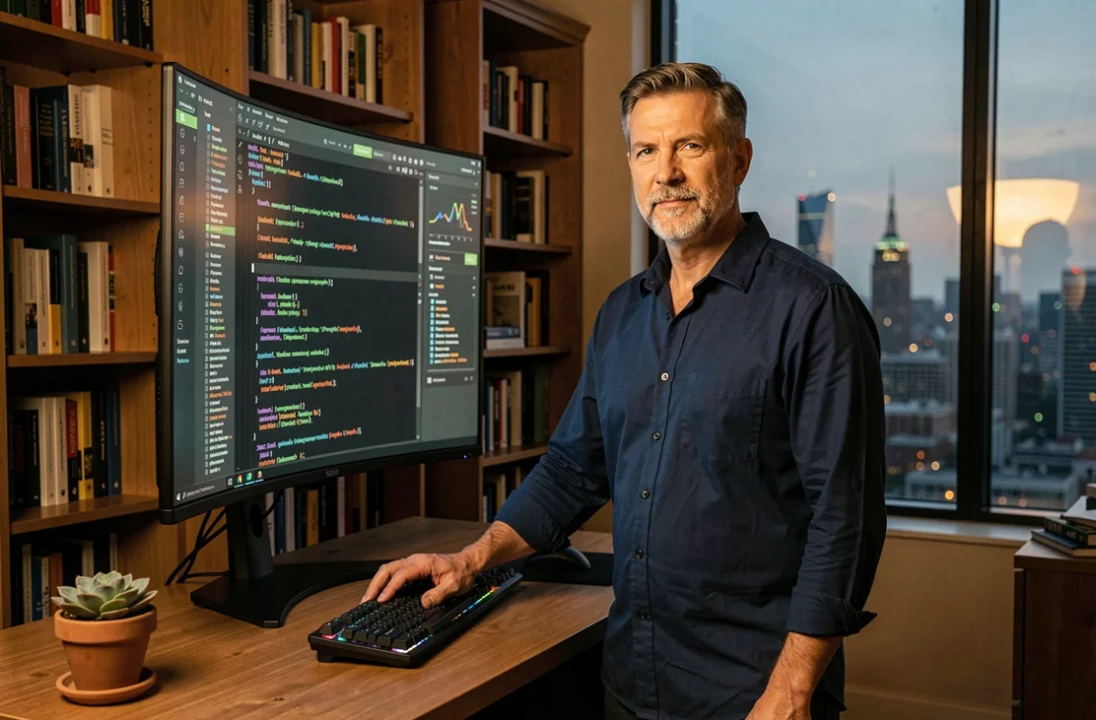 Homme analysant des données sur grand écran incurvé dans un bureau à domicile moderne, représentant les tendances technologiques numériques