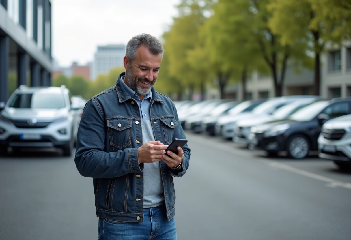 Homme souriant regardant son smartphone devant un concessionnaire auto