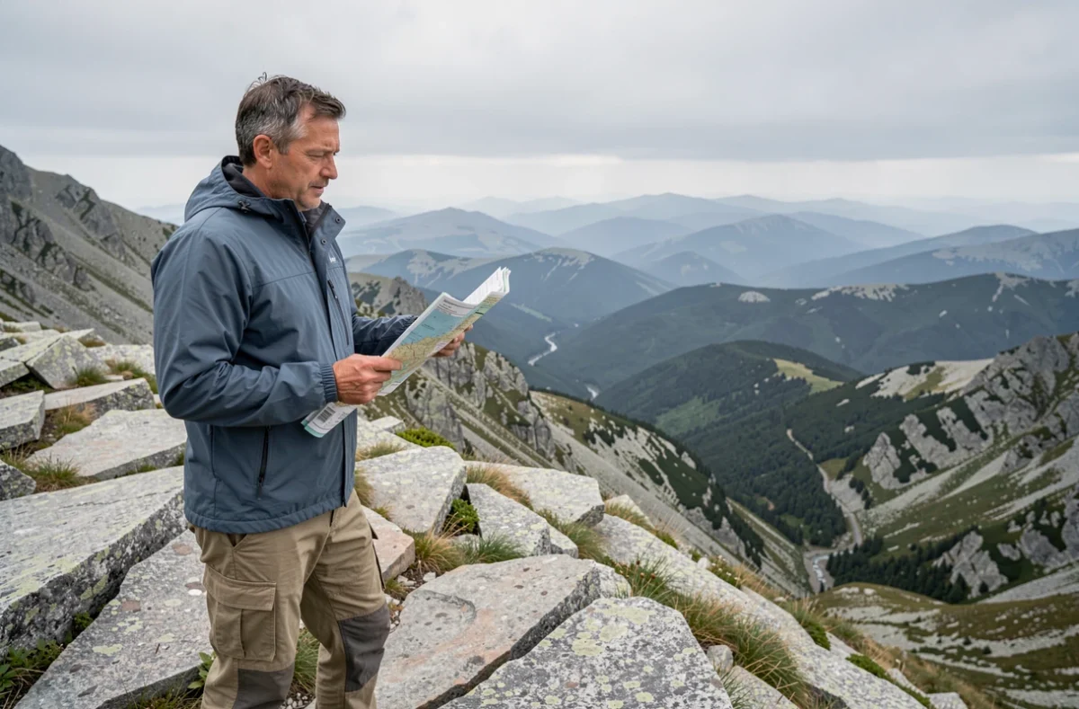Homme en veste technique consultant une carte topographique sur une crête rocheuse en montagne, idée d'activité de plein air et de randonnée alpine