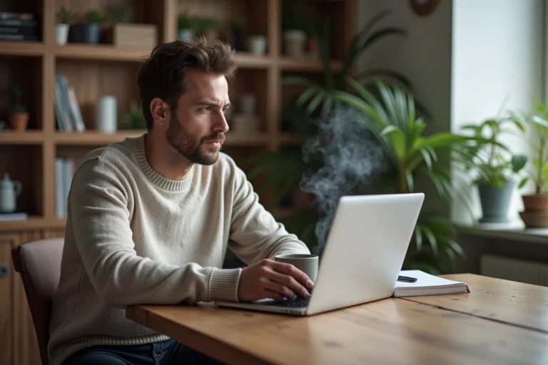 Homme d'âge moyen avec mug dans un intérieur cosy