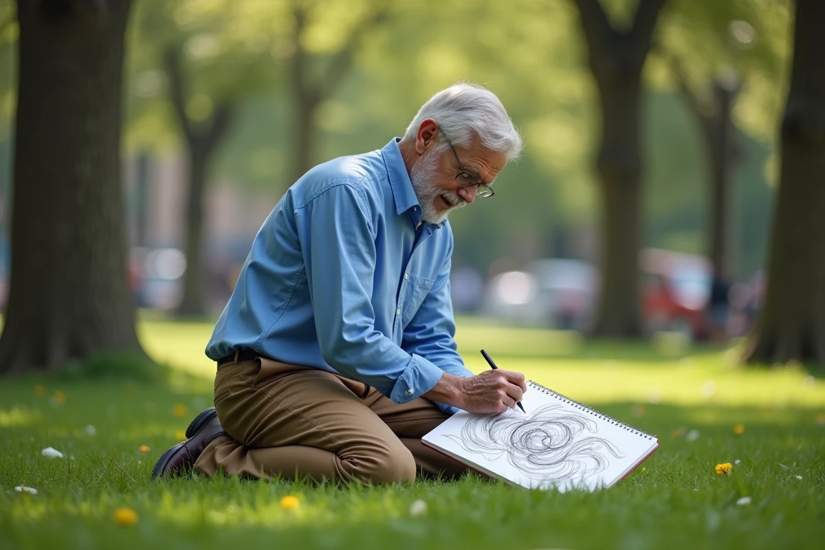 Homme dessinant dans un parc en plein air