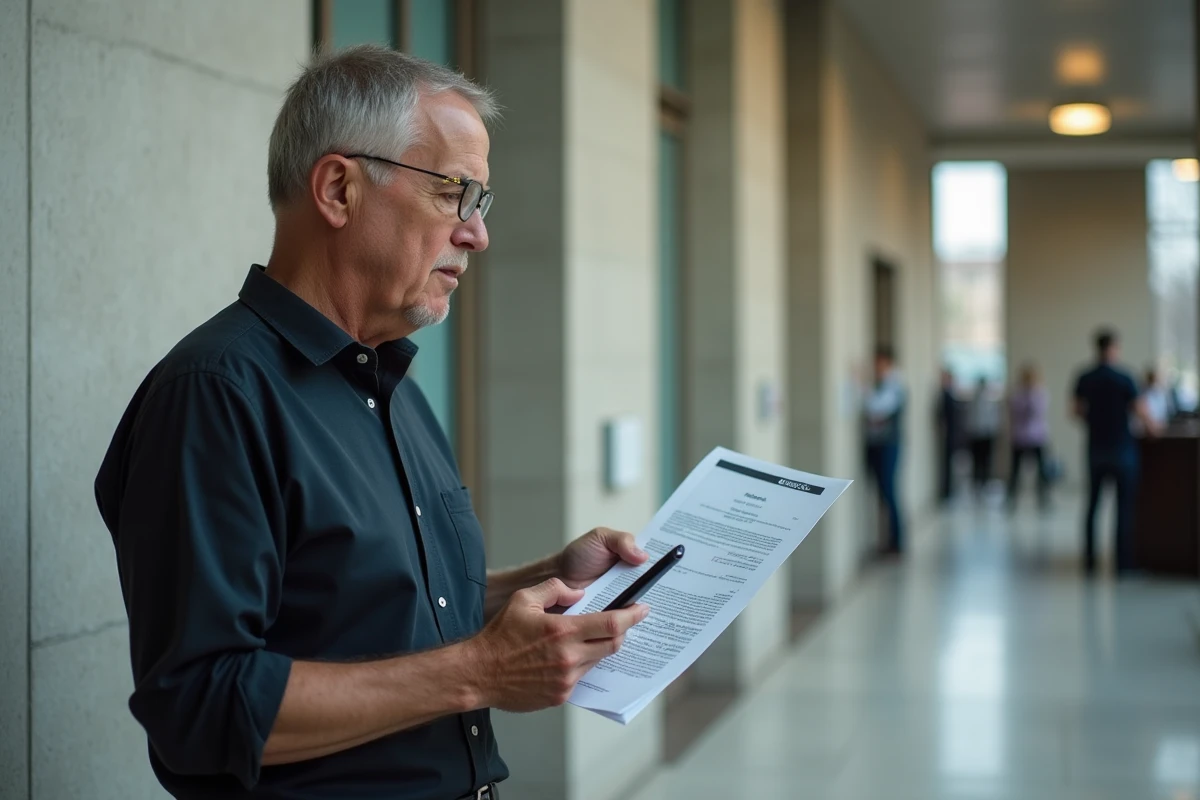 Homme comparant diplôme et smartphone dans un hall public