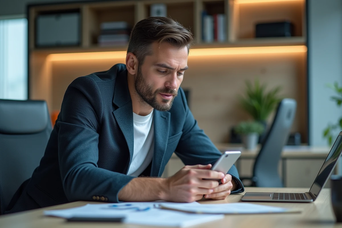 Homme d age moyen consulte des actualites tech sur son smartphone