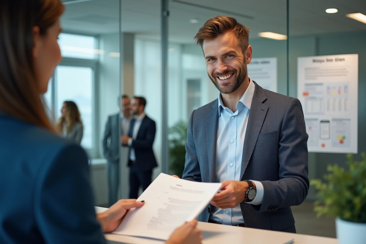 Homme en costume remettant des documents à une réceptionniste dans un bureau