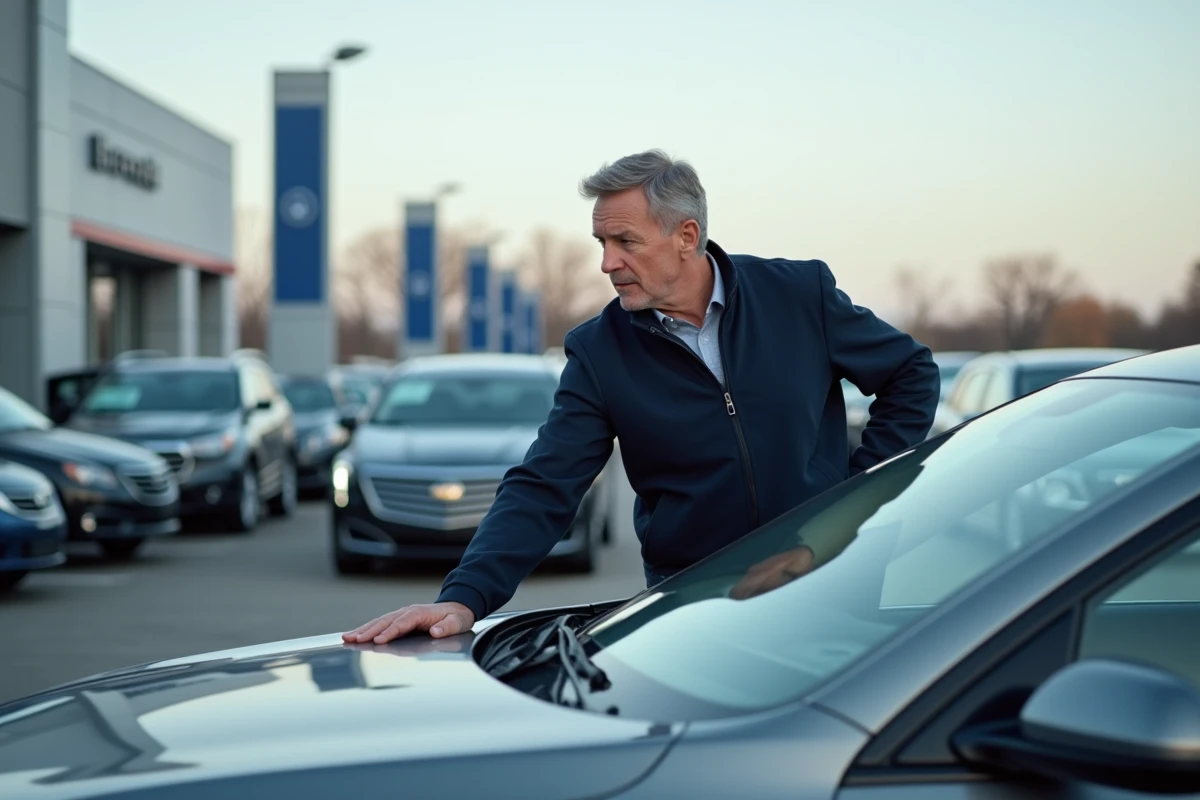 Homme inspectant une voiture d occasion en extérieur