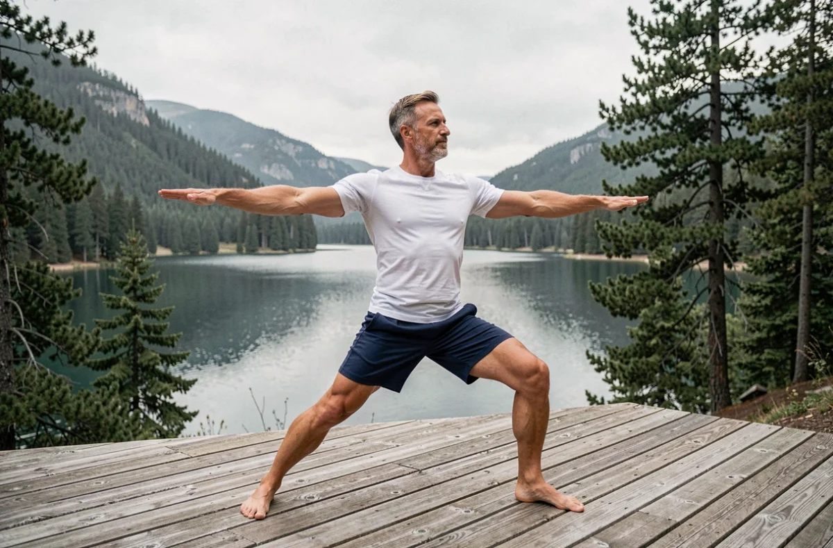 Homme pratiquant le yoga sur une terrasse en bois face à un lac de montagne, activité physique pour le bien-être