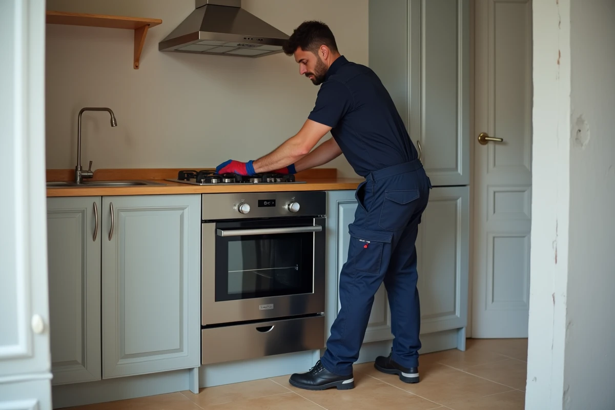 Technicien installant un nouveau four dans la cuisine d'un appartement en location