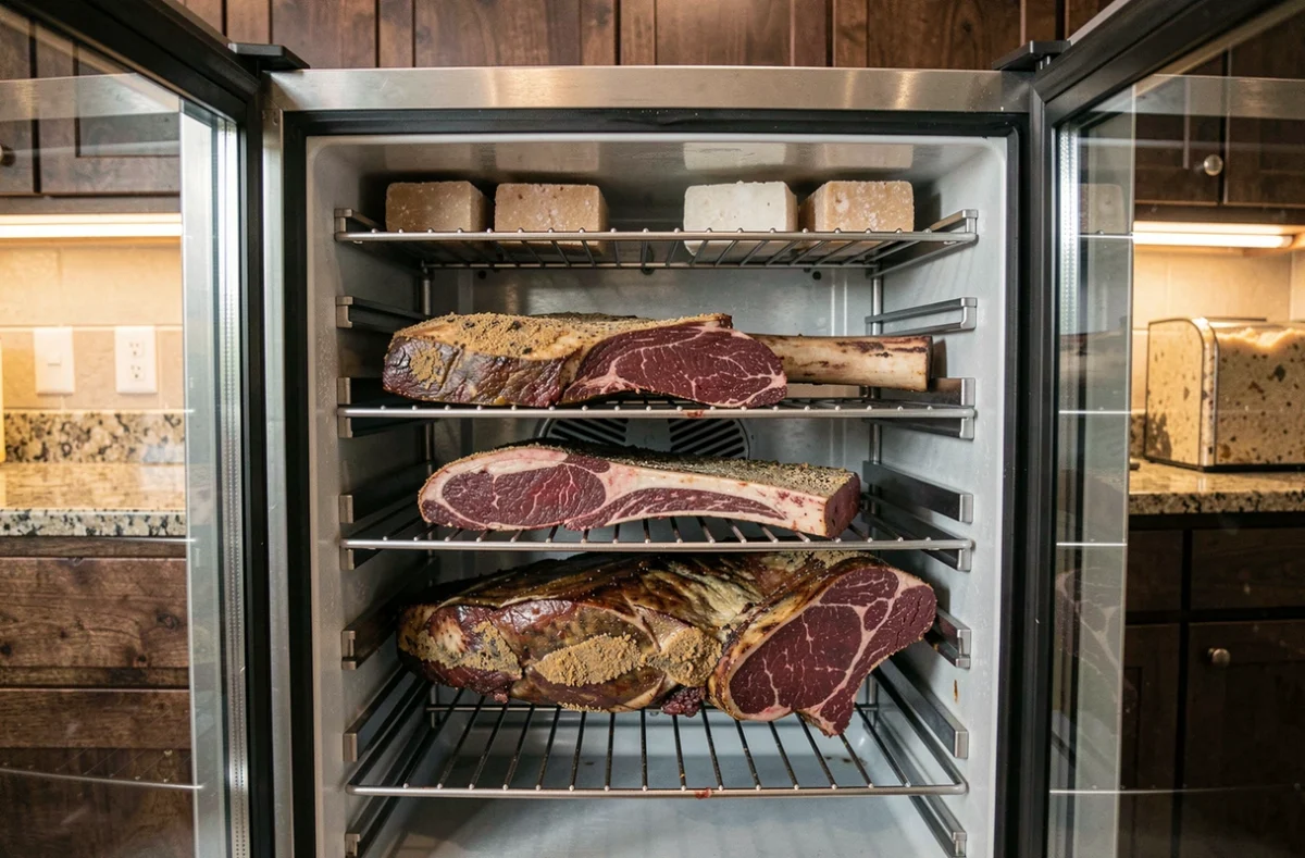Intérieur d'une cave de maturation domestique ouverte avec des pièces de bœuf dry-aged sur des grilles en inox et des blocs de sel en fond