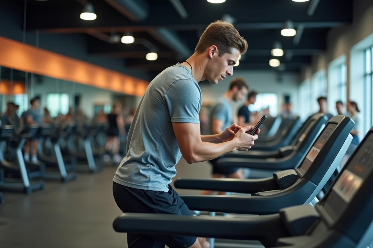 Jeune homme adulte utilisant un tapis de course dans une salle Basic Fit tout en consultant son abonnement sur smartphone