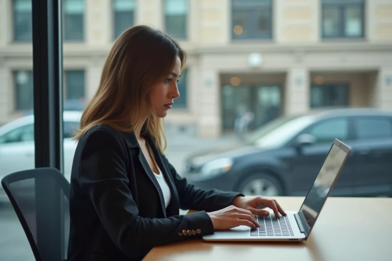 Jeune femme concentrée sur son ordinateur dans un bureau moderne