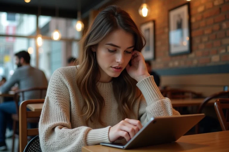 Jeune femme lisant des actualites tech dans un cafe urbain