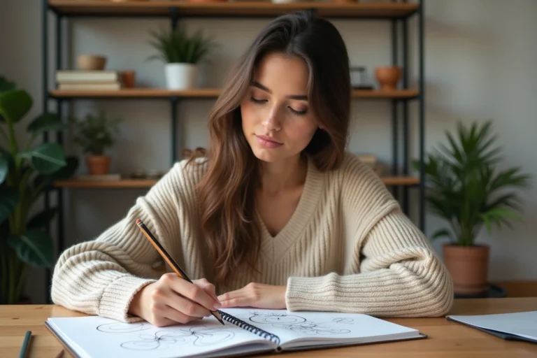 Jeune femme en sweater beige dessinant dans un carnet