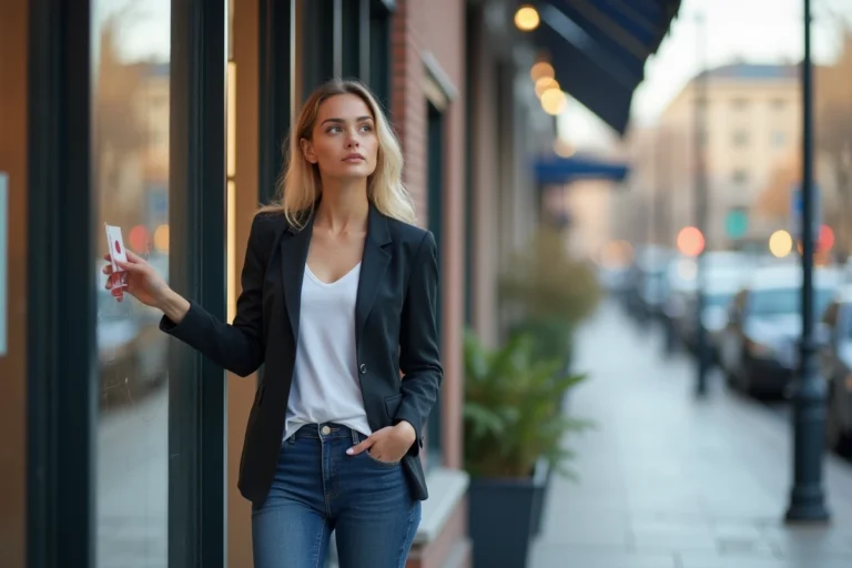 Jeune femme regardant des annonces immobilières en ville