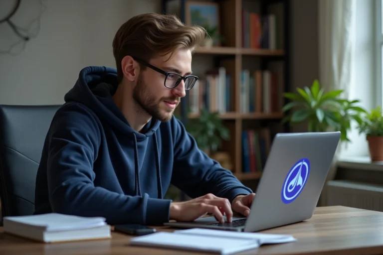 Jeune homme concentré utilisant un ordinateur avec logo Tor