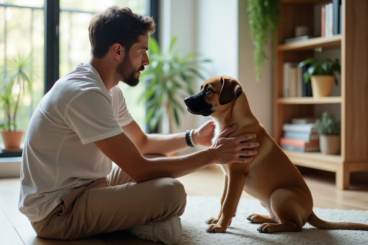 Jeune homme entraînant son chiot labrador-beauceron dans le salon