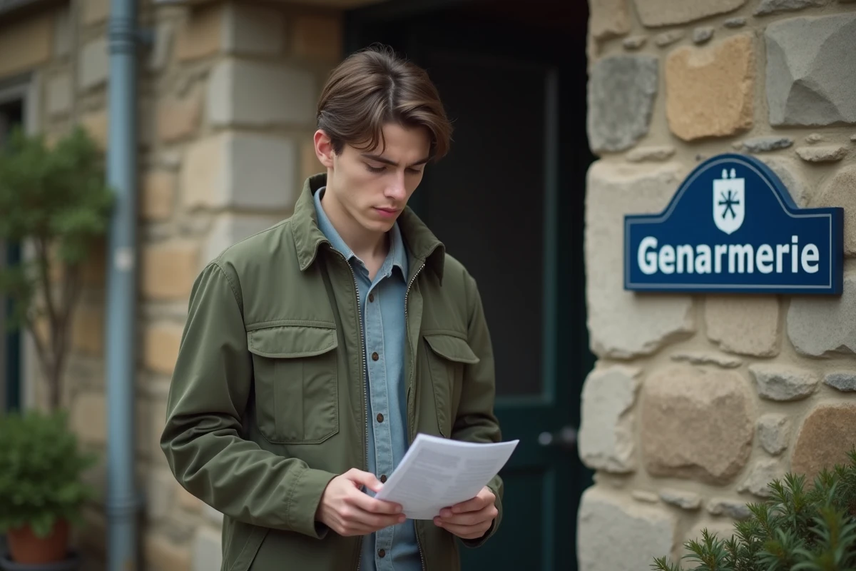 Jeune homme lisant une lettre devant une gendarmerie rurale