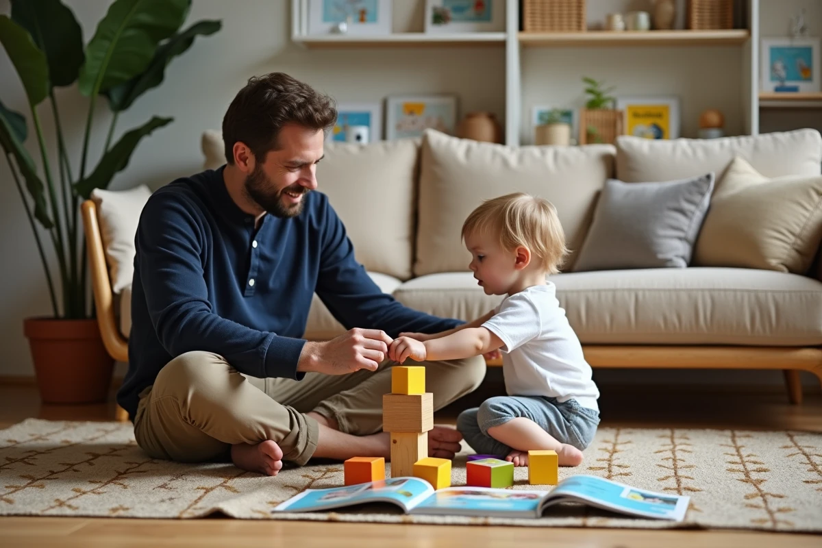 Père jouant avec son enfant sur un tapis dans un salon moderne et cosy à l'ambiance scandinave