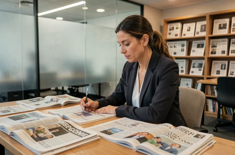 Journaliste femme lisant et annotant des journaux imprimés dans une salle de rédaction moderne pour une revue de presse complète