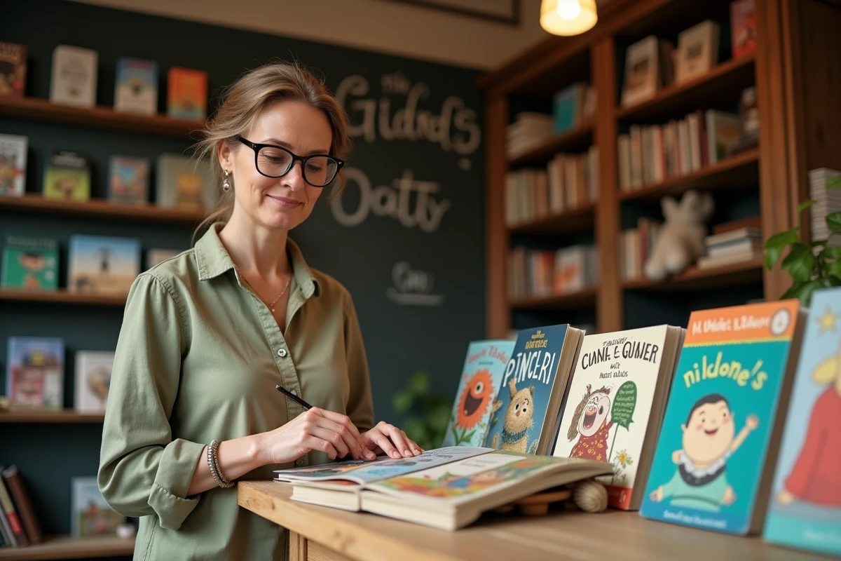 Libraire professionnelle arrangeant une sélection de livres jeunesse recommandés sur une table de présentation dans une librairie spécialisée avec ardoise de suggestions