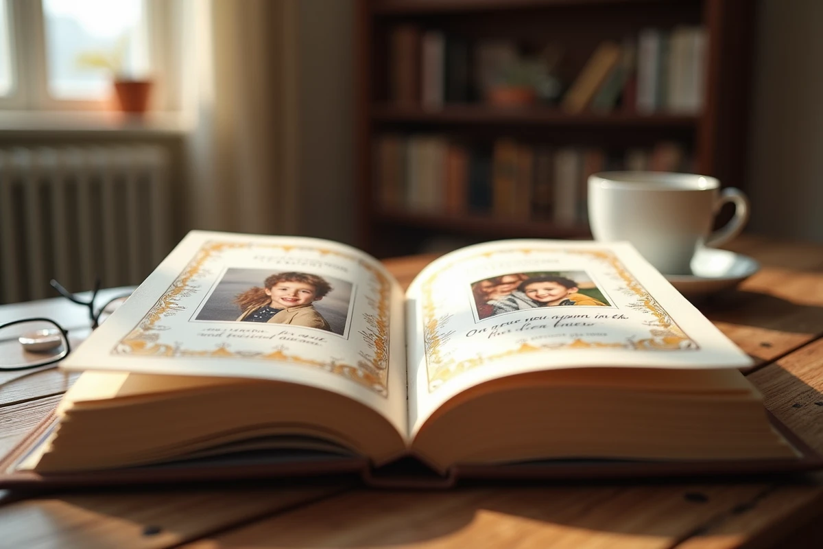 Livre d'or illustré et relié posé ouvert sur une table en bois avec photos et messages manuscrits