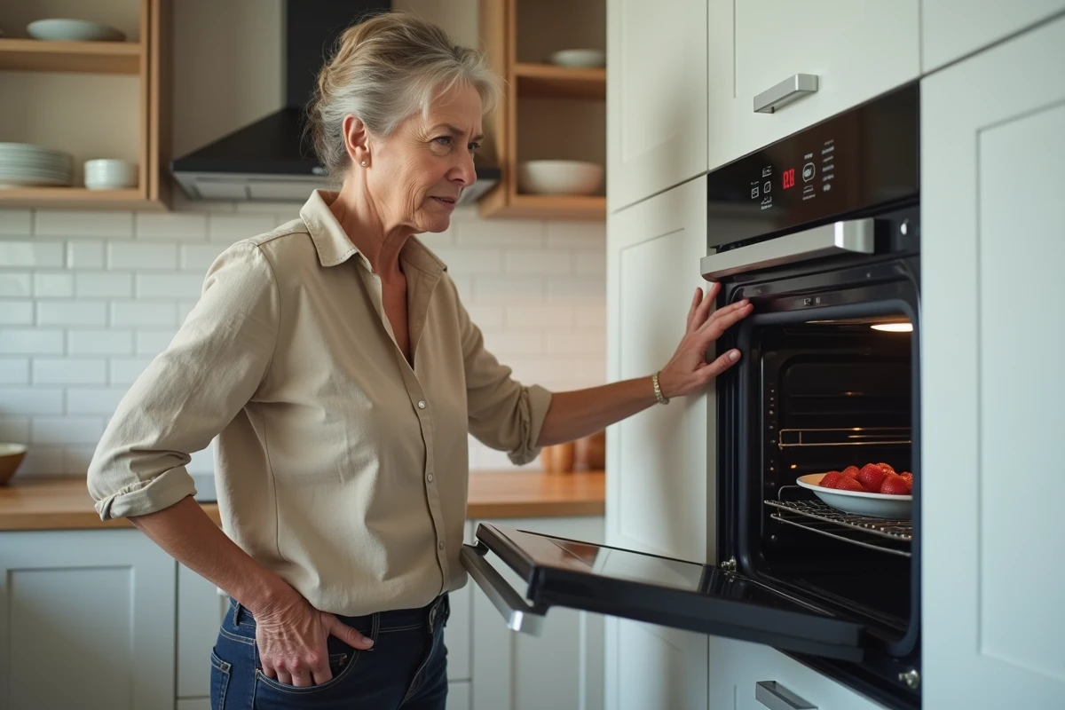 Locataire inspectant un four encastré en panne dans une cuisine d'appartement en location