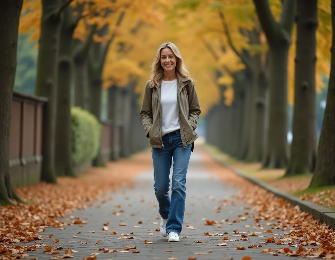 Femme marchant à l'extérieur sur un chemin arboré en milieu urbain, préférant la marche au tapis de course