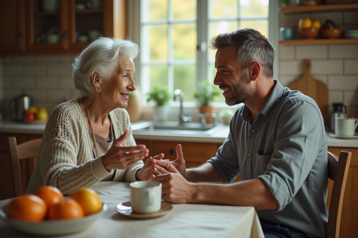 Homme en conversation sincère avec une femme âgée dans une cuisine familiale rustique, évoquant la transmission et les origines familiales de Matthieu Hocque