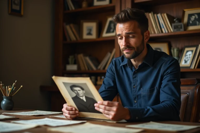 Homme contemplant des photos de famille anciennes dans un bureau chaleureux, illustrant les origines familiales de Matthieu Hocque