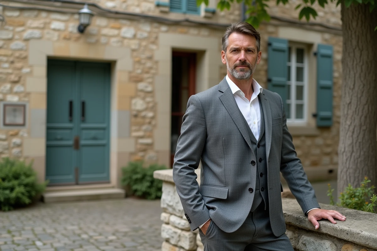 Homme debout devant un bâtiment en pierre d'une ville provinciale française, symbolisant le parcours et les racines de Matthieu Hocque