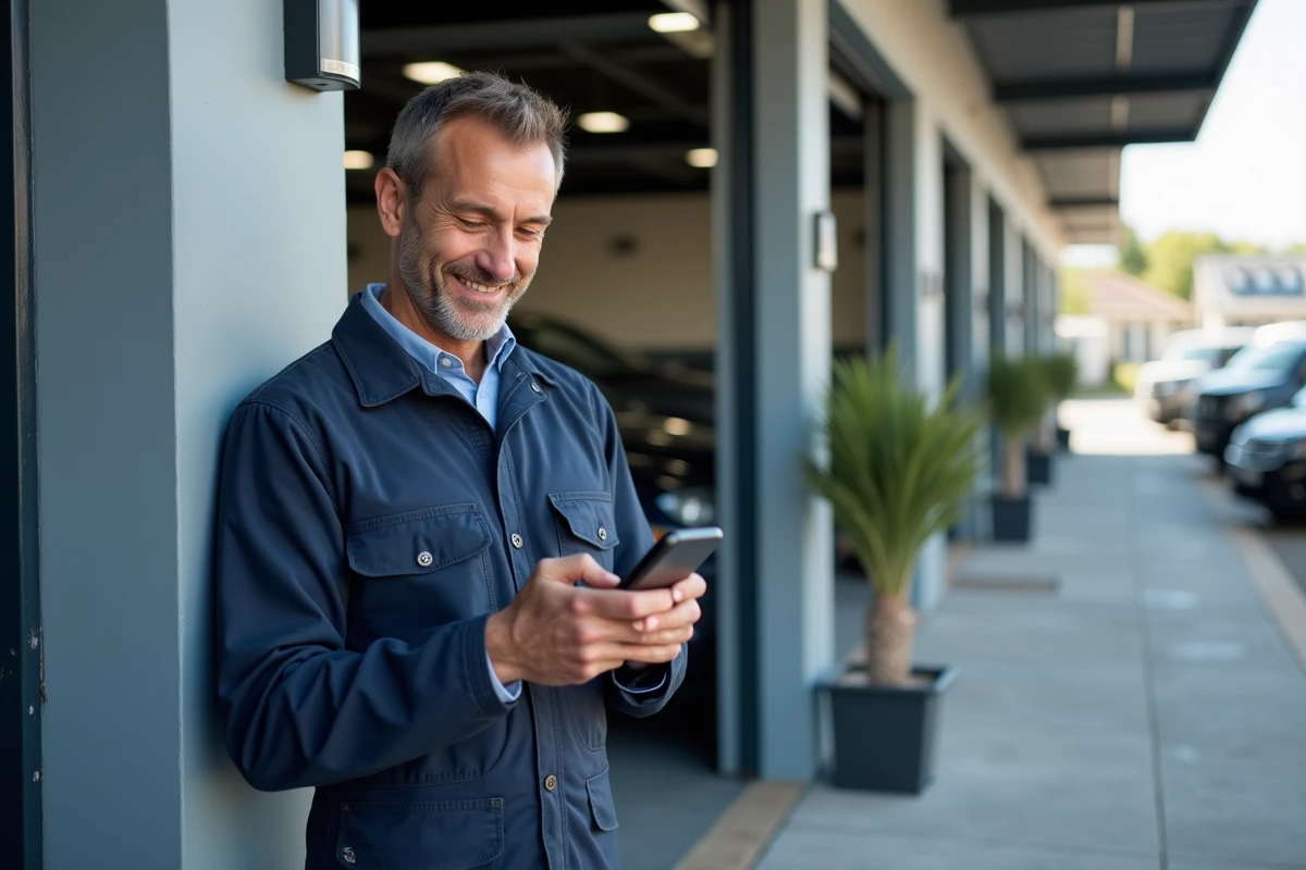 Mecanicien souriant dans un garage avec voitures