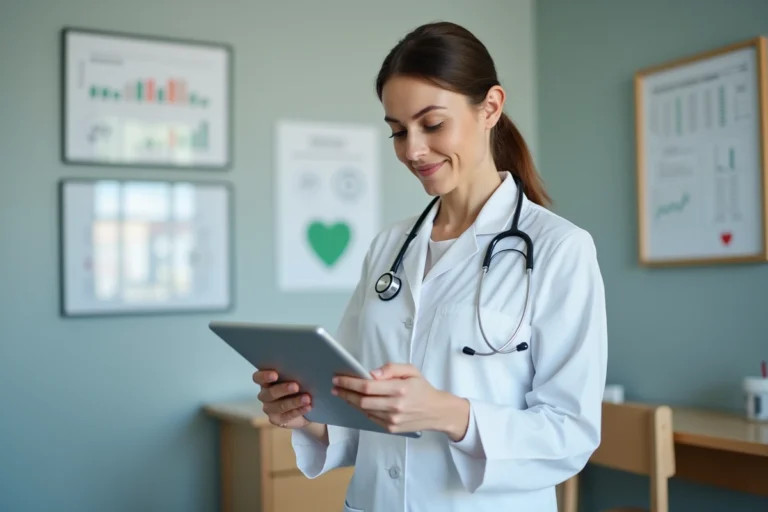 Médecin femme consultant une tablette numérique avec des données de santé dans un cabinet médical moderne