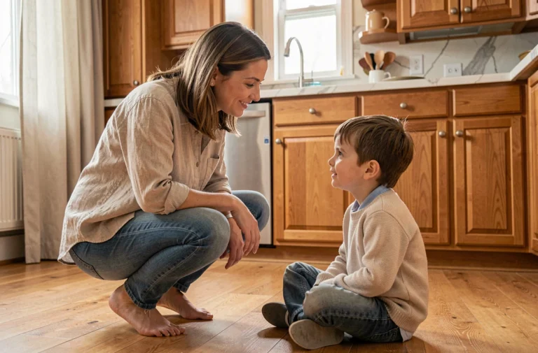 Mère accroupie à hauteur de son enfant dans une cuisine chaleureuse, illustrant l'écoute active et l'éducation positive au quotidien