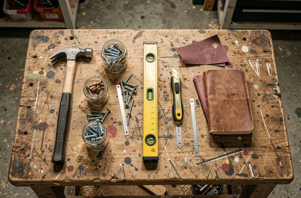 Vue de dessus d'outils de bricolage classiques disposés sur un établi en bois usé dans un garage atelier