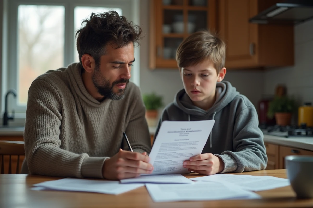 Parent et adolescent examinant ensemble les conditions d'un abonnement Basic Fit à la maison
