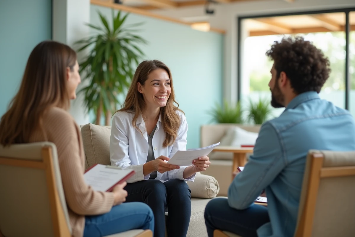 Groupe de patients adultes en discussion lors d'une séance d'information médicale dans un espace de santé contemporain