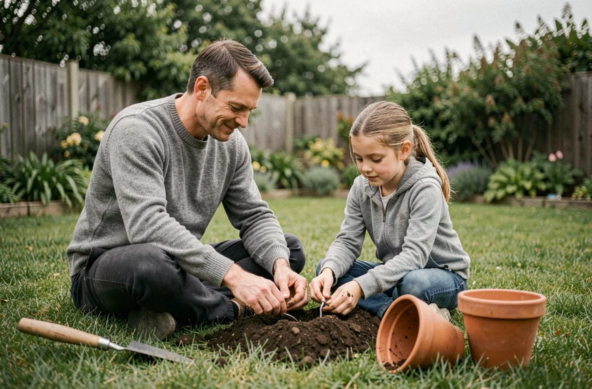 Père et fille jardinant ensemble dans un jardin verdoyant, incarnant les valeurs de coopération et de bienveillance de l'éducation positive